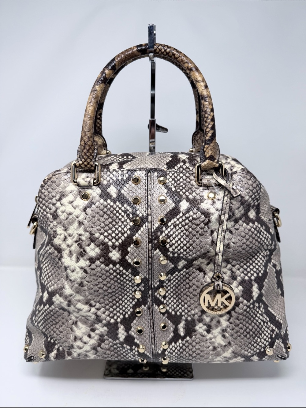 Michael Kors Snake-Print Satchel in Gray and Taupe